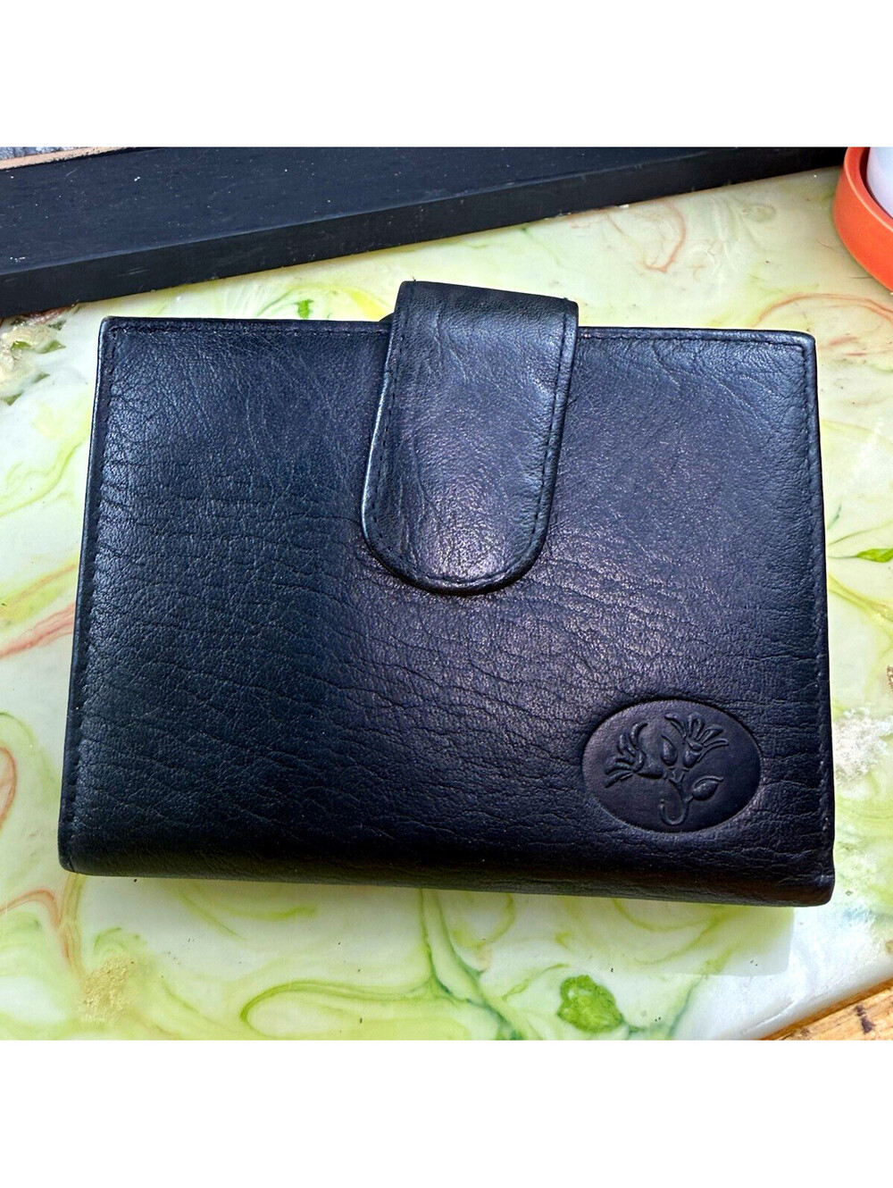 Buxton Black Folding Wallet w/ Logo, Credit Card Slots, Snap Closure